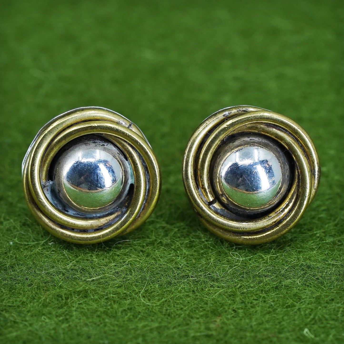 Vintage two tone Mexico Sterling brass studs 925 silver earrings w/ brass cable