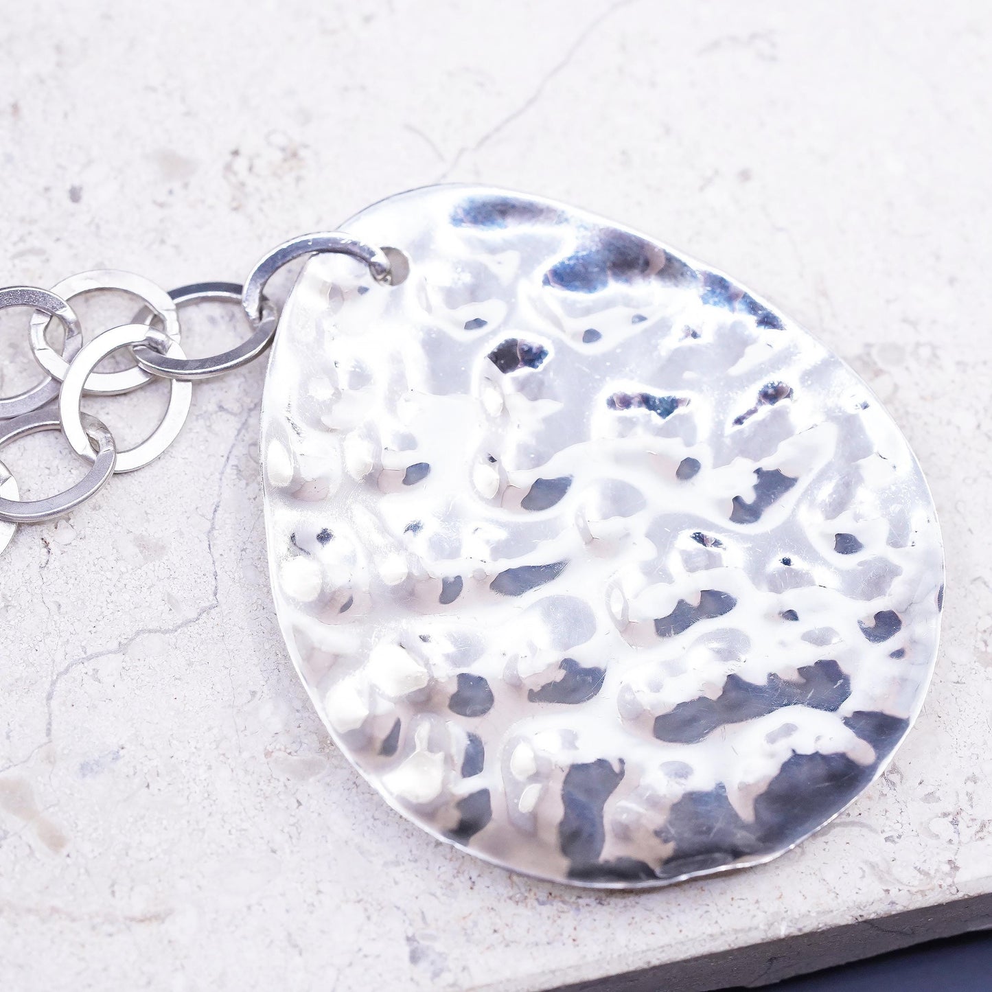 18", VTG sterling silver 925 necklace, textured teardrop pendant circle chain