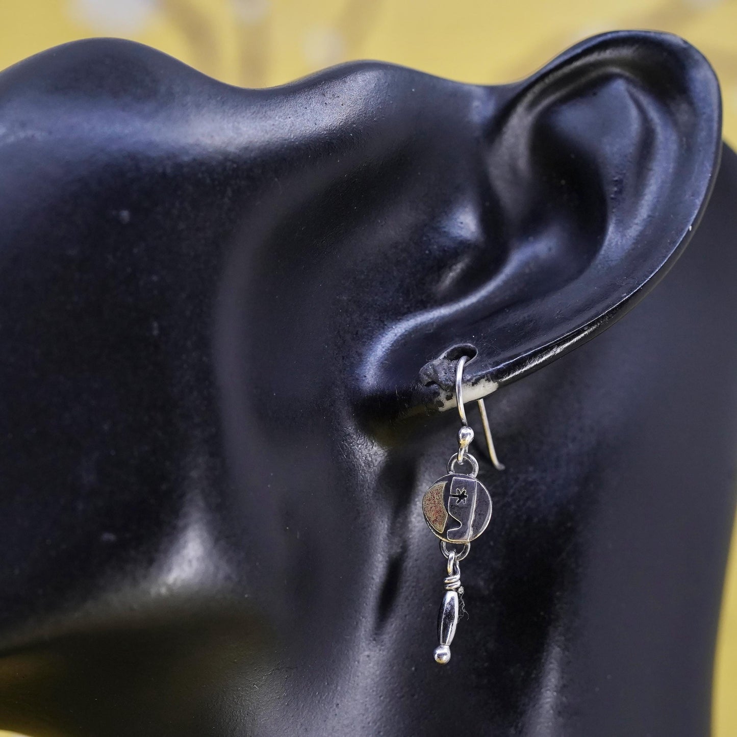 vintage Far Fetched two tone sterling 925 silver tag earrings with copper moon