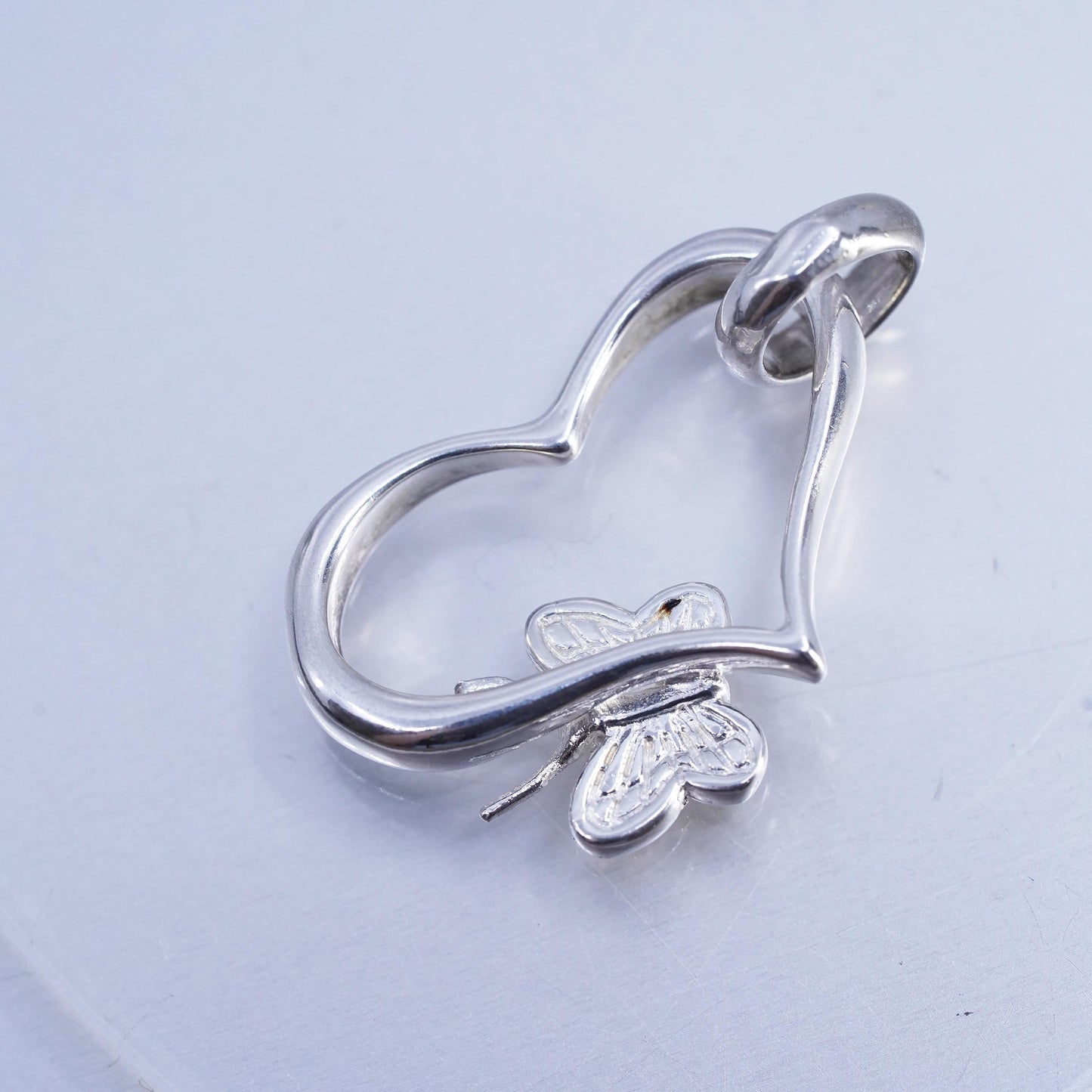 Vintage sterling 925 silver handmade heart pendant with butterfly