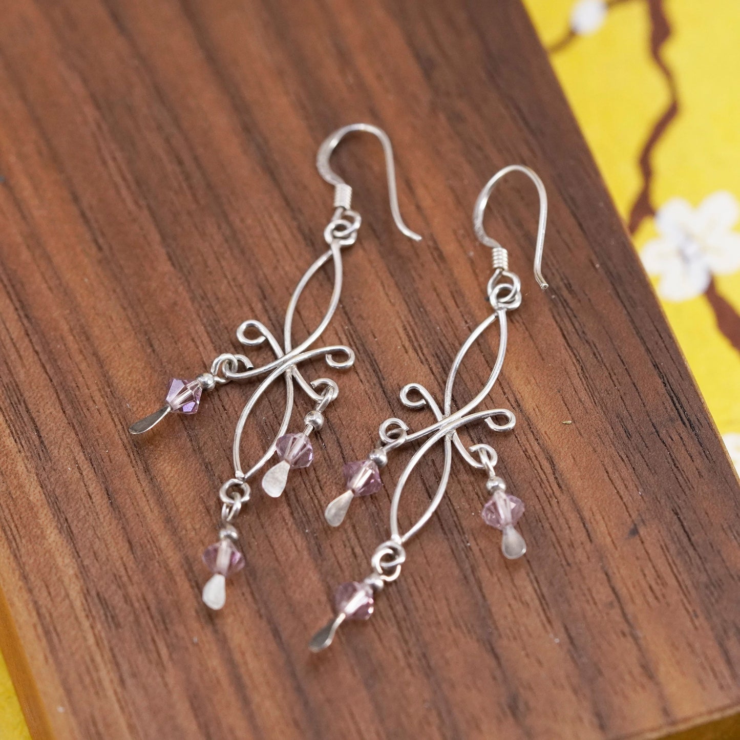 Vintage Sterling silver handmade earrings, 925 swirl wired dangles with crystal