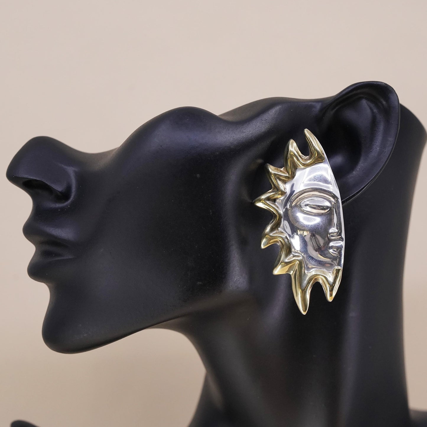 Vintage Mexican two tone sterling silver handmade half sun face single earring
