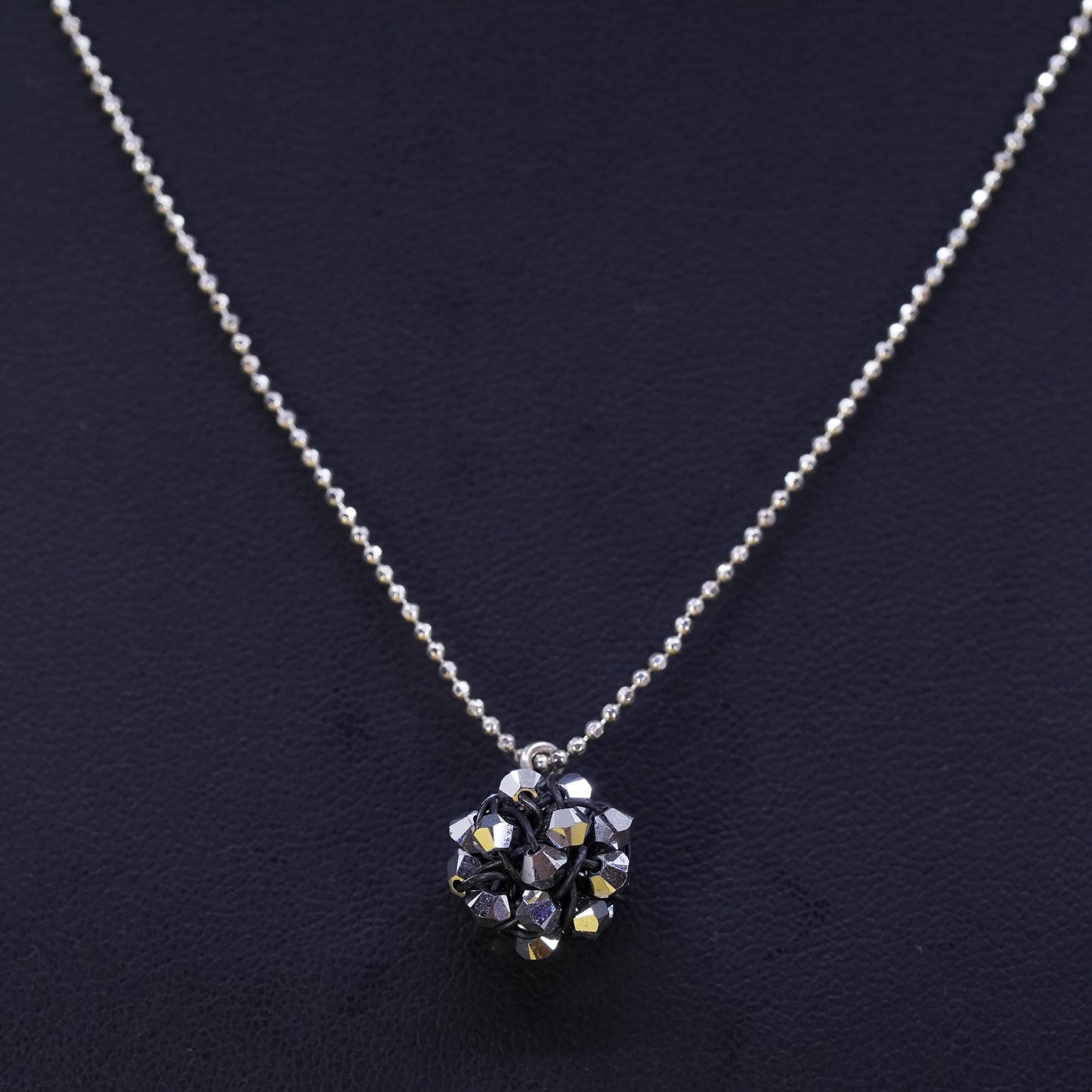 16", Sterling silver necklace, 925 bead chain with cluster crystal ball pendant