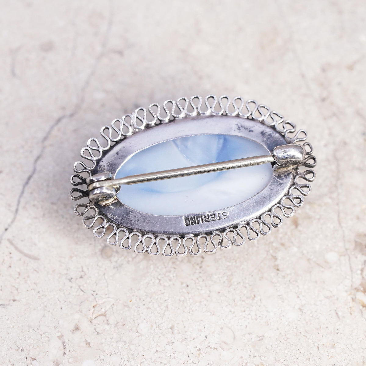 Vintage Hecho en Mexico Sterling silver brooch, 925 filigree pendant oval agate