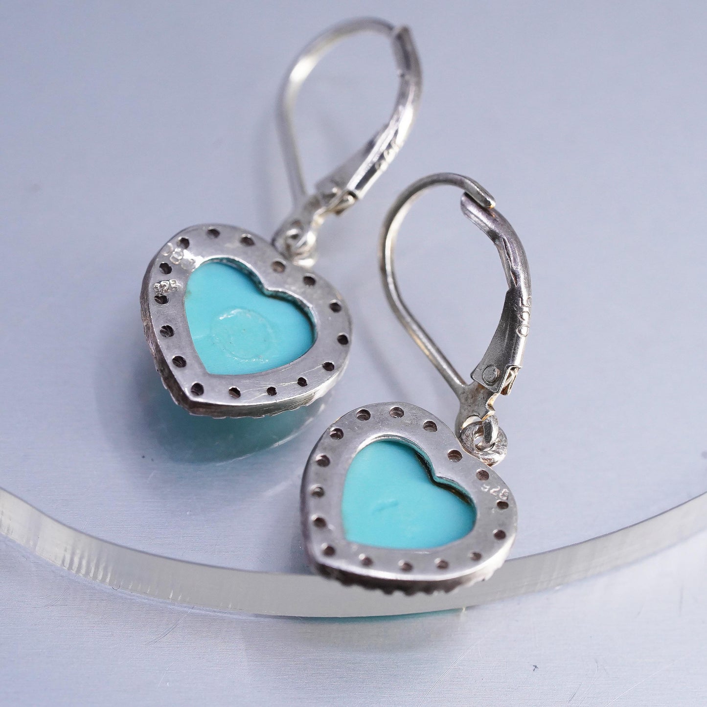 VTG 925 Sterling Silver Turquoise Heart Dangles, CZ Halo, Leverback Earrings