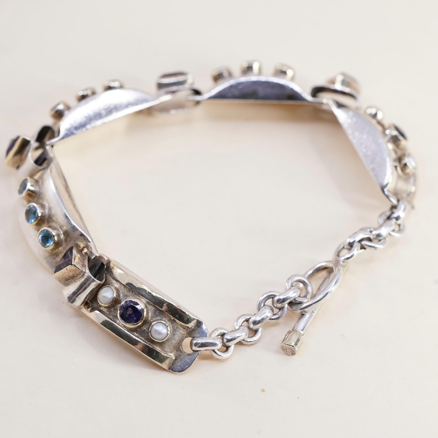6.75” Sterling 925 Silver 14K Gold Multi Gemstone Bracelet Amethyst Topaz Pearl