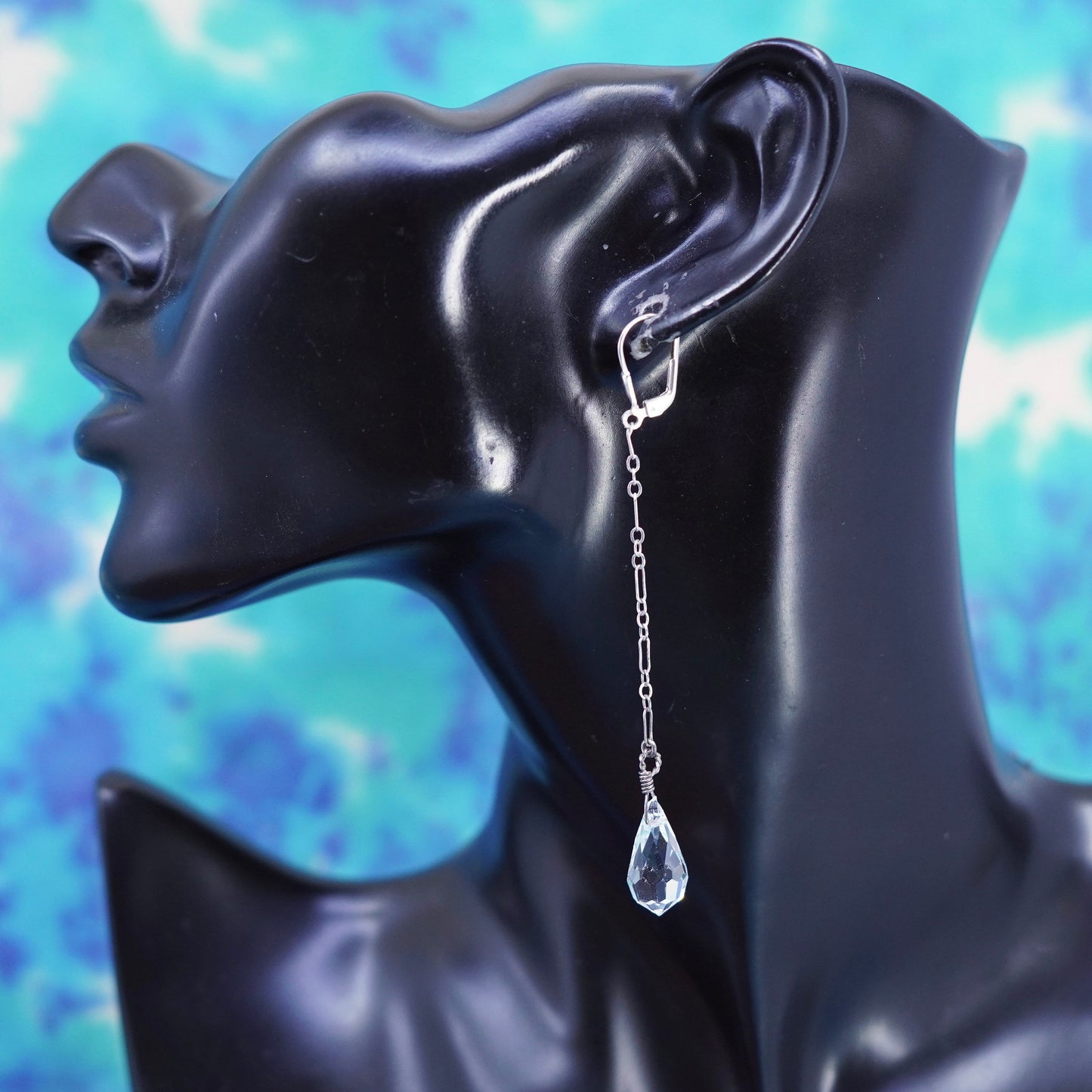 Vintage sterling silver handmade earrings, 925 chain drop with teardrop crystal