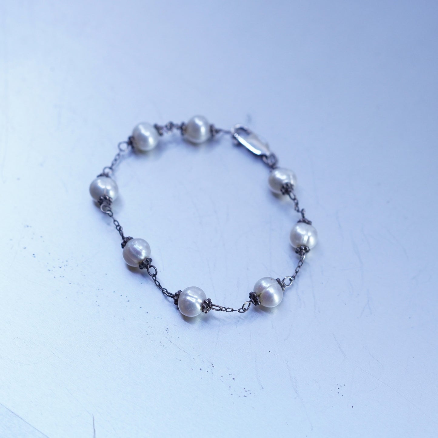 6.5”, vintage Sterling 925 silver bracelet with freshwater pearl