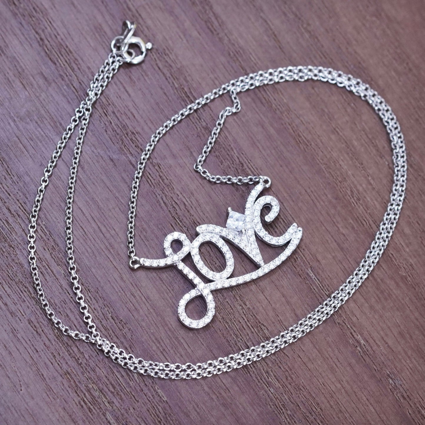18”, vintage Sterling silver necklace, 925 circle chain cluster Cz love pendant