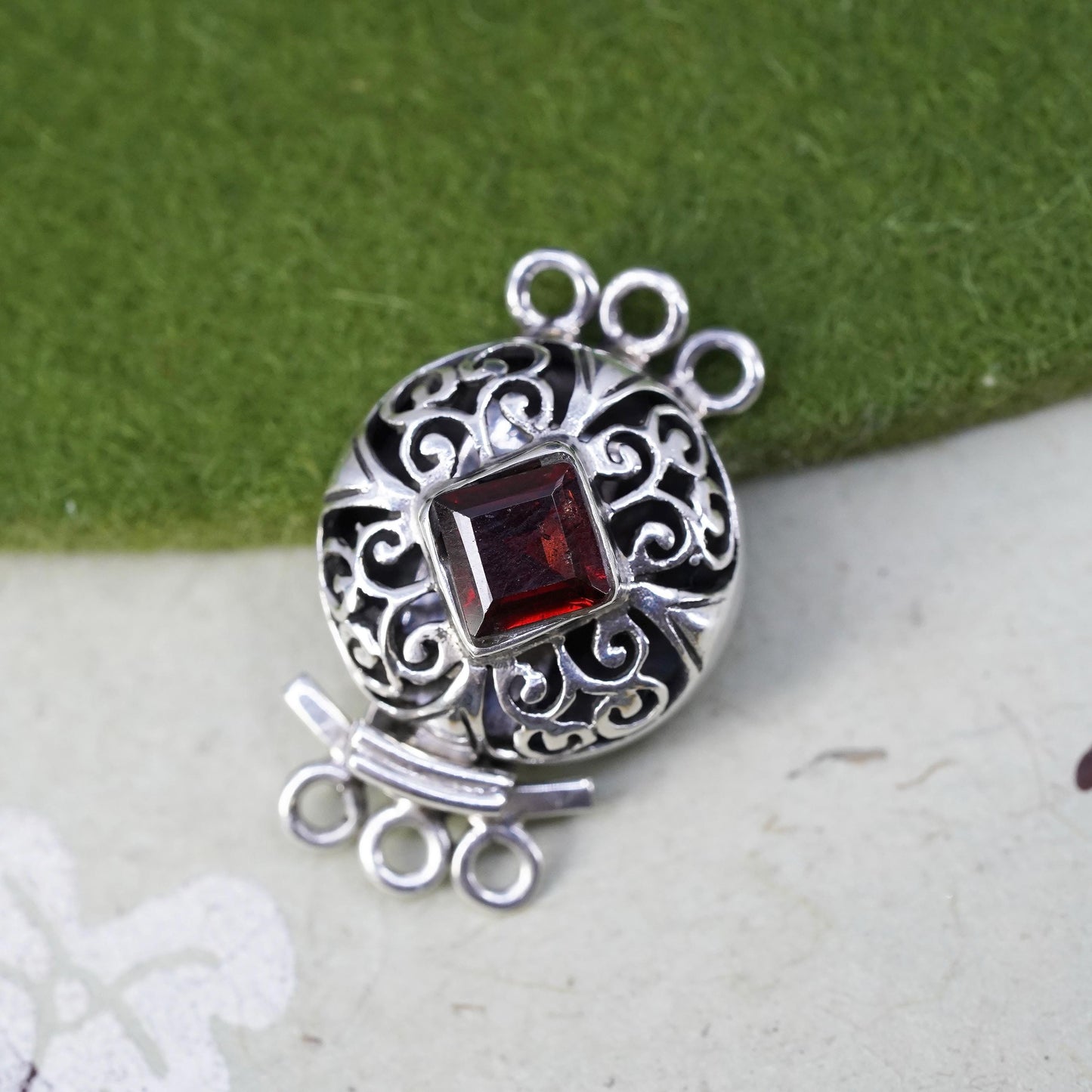 vintage Sterling silver handmade filigree clasp with ruby details
