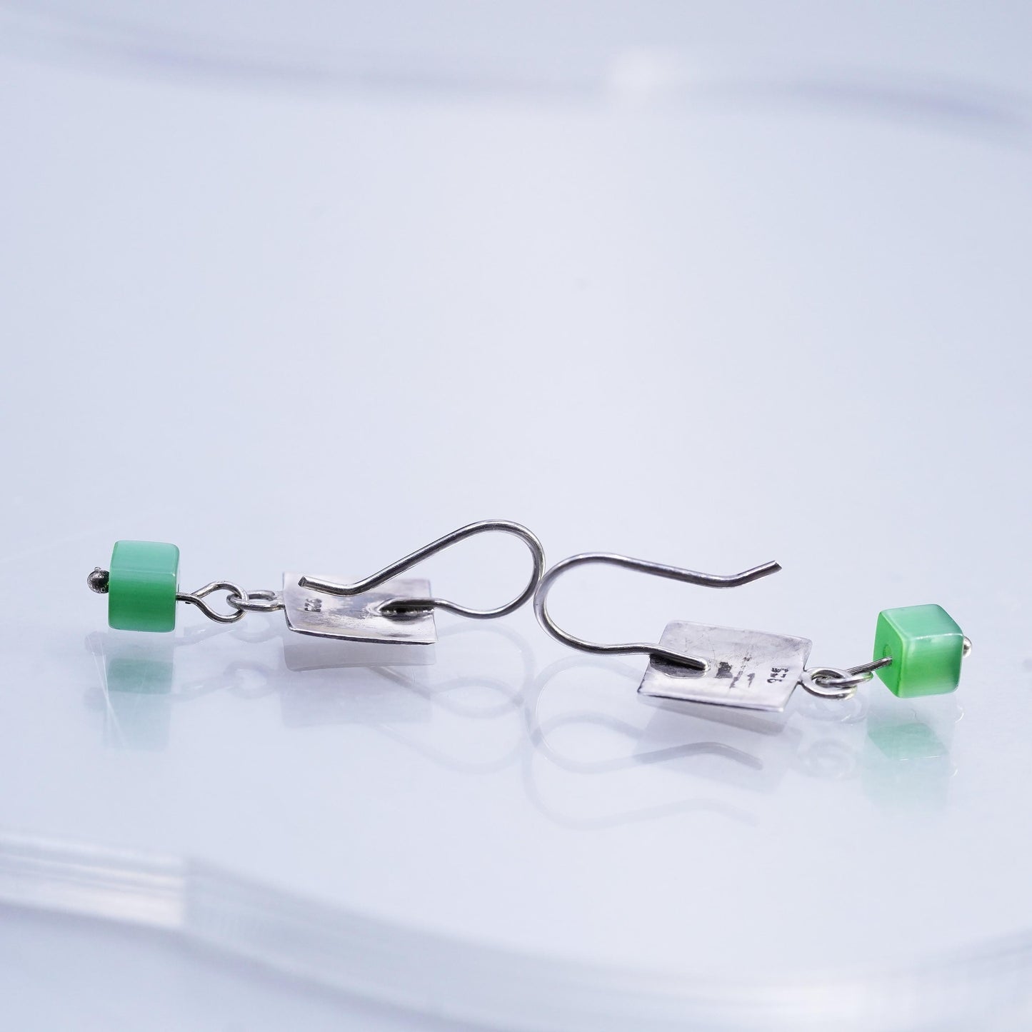 Vintage Sterling 925 silver earrings with square disc and green cat eye dangles