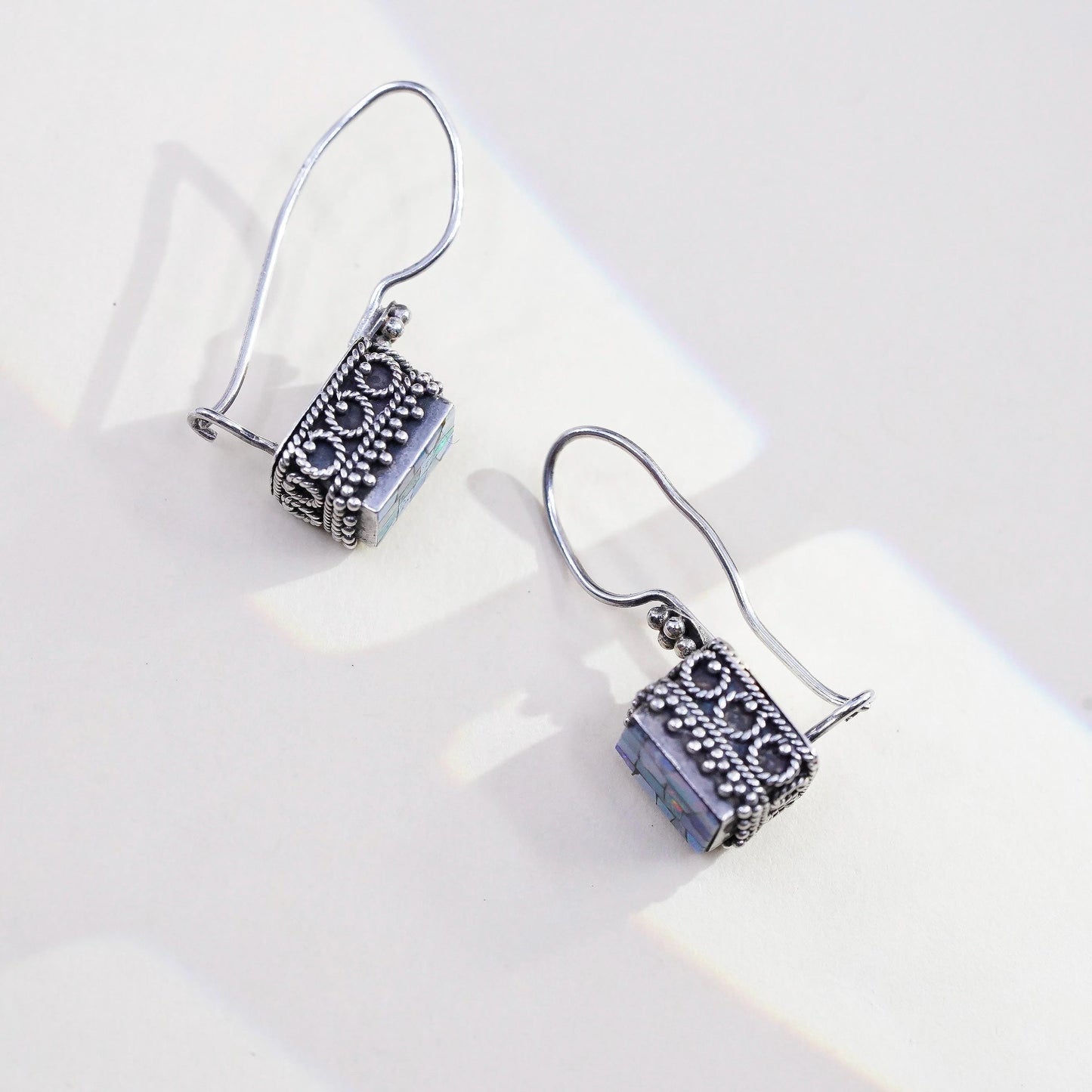 Vintage MNSN Sterling silver handmade mosaic earrings, rectangular dangles opal