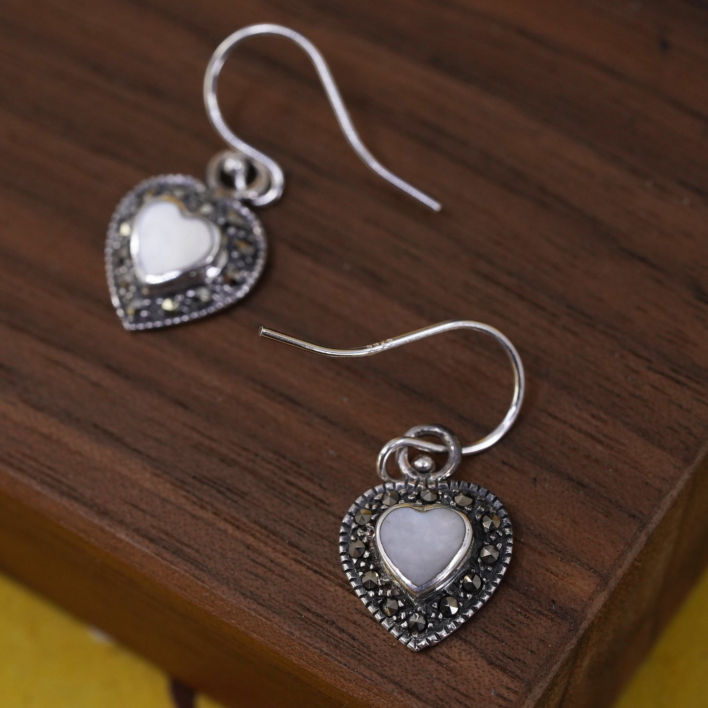 Sterling 925 silver handmade earrings with heart mother of pearl and Marcasite
