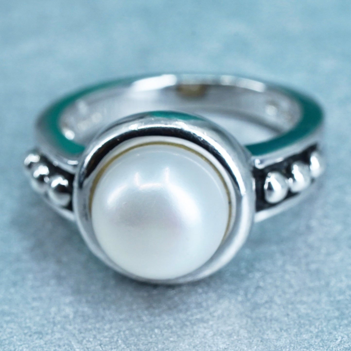 Size 7, vintage Sterling 925 silver handmade ring with pearl and beads