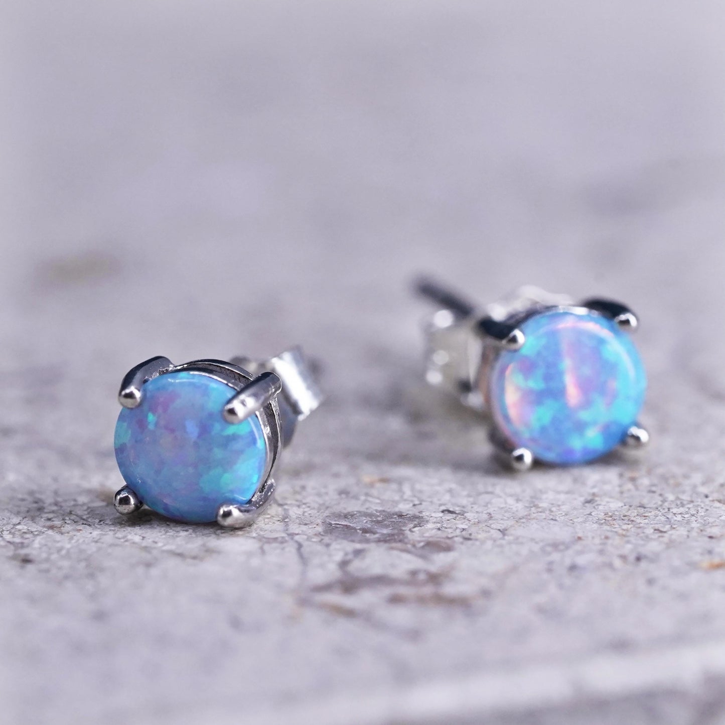 Vintage sterling silver handmade earrings, 925 round studs with opal