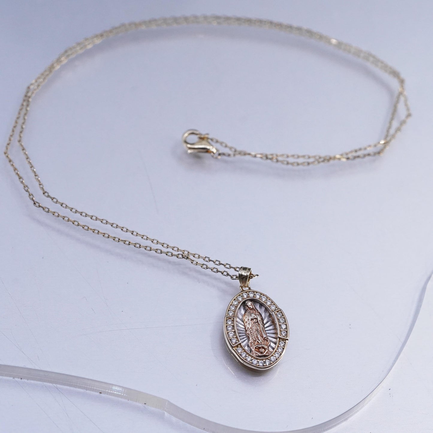18" vermeil gold sterling 925 silver circle chain necklace Virgin Mary pendant