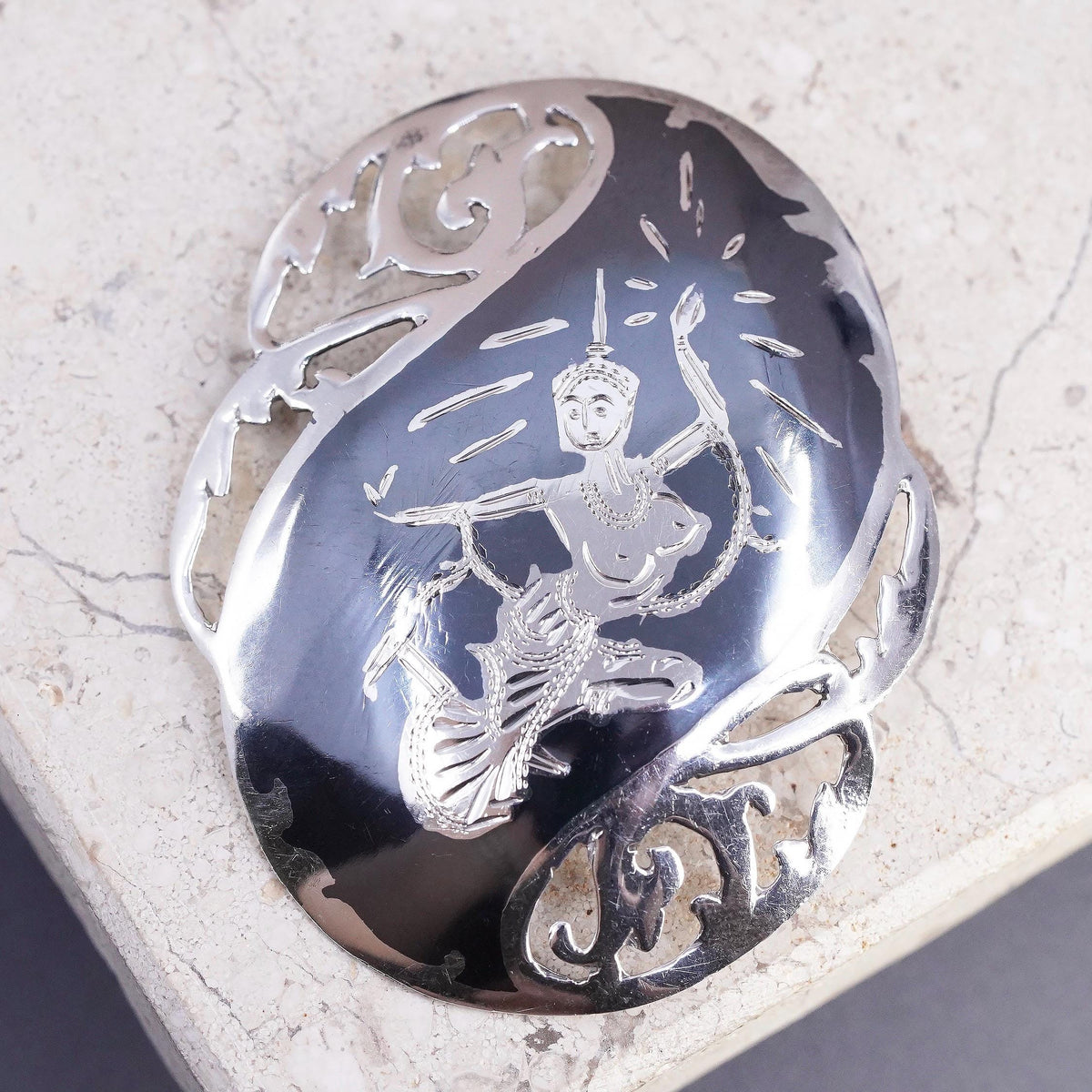 Vintage Siam Sterling silver handmade pin, 925 India goddess brooch