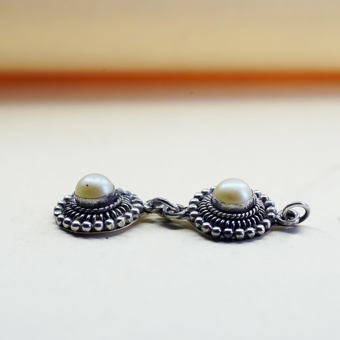 Vintage handmade sterling 925 silver pendant with faux pearl and beads
