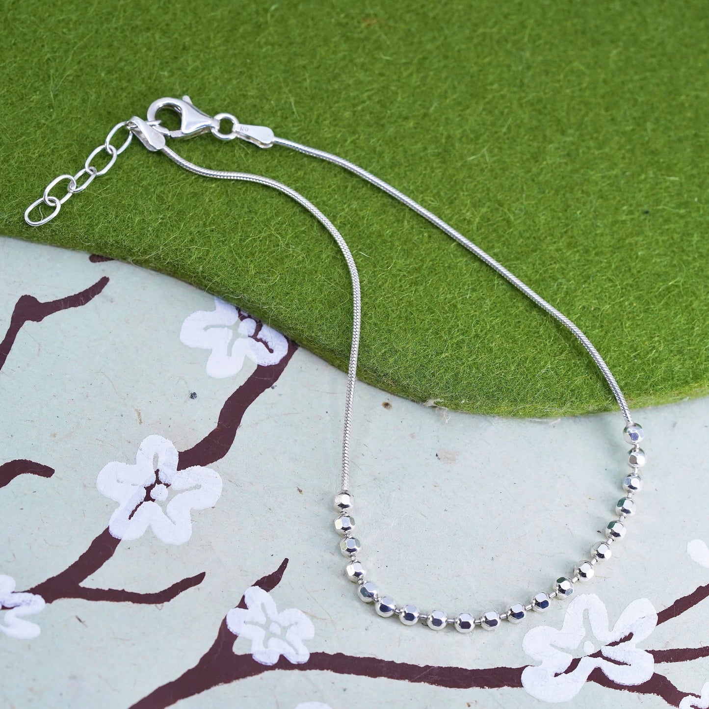 9+1” 1mm, Vintage sterling silver bracelet, 925 snake chain anklet 3mm beads