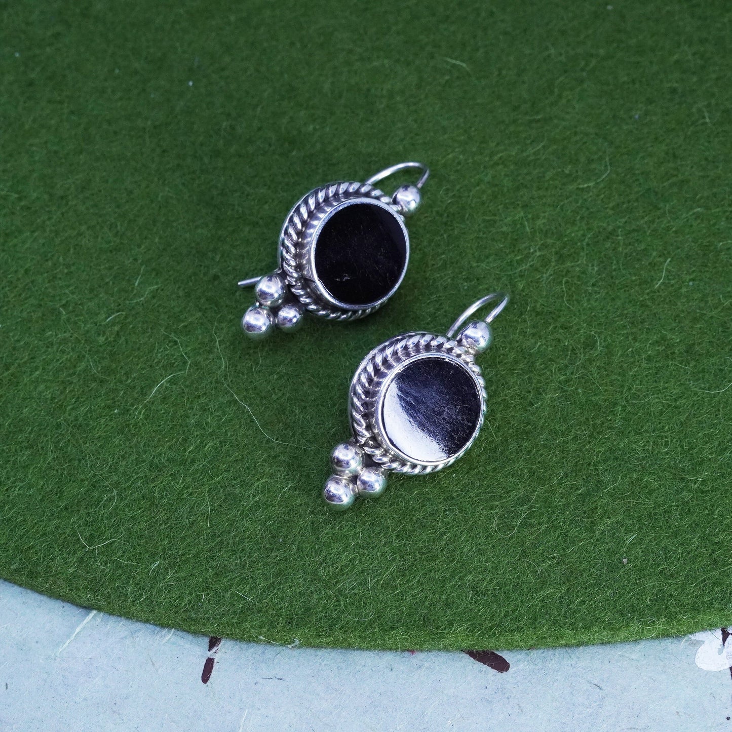 Vintage sterling 925 silver handmade earrings with circle onyx and beads