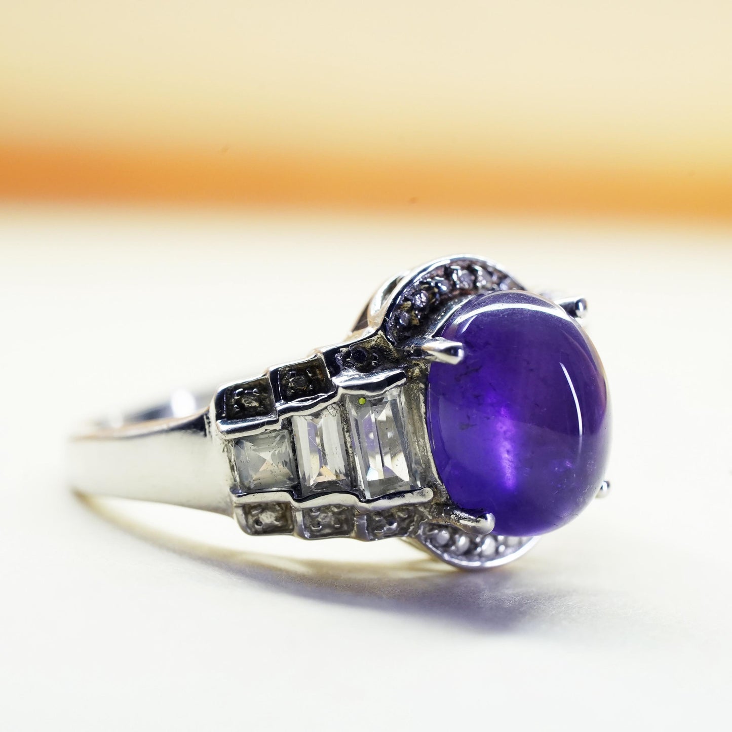 Size 8.25, vintage Sterling silver 925 cocktail ring dome amethyst clear quartz