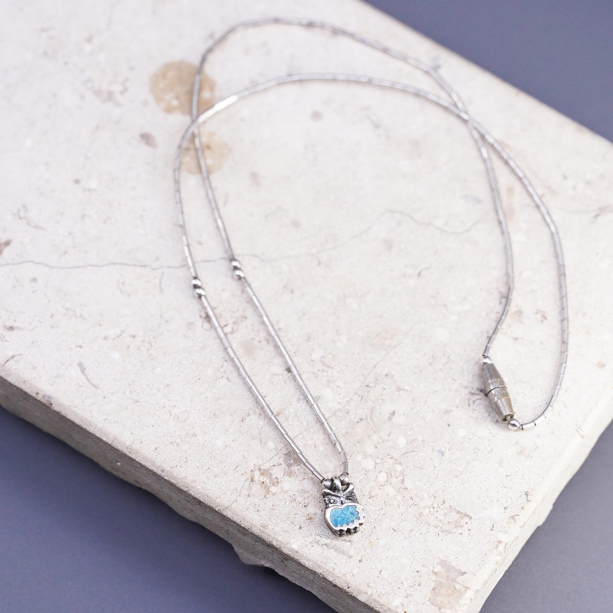16", Native American sterling 925 liquid silver chain necklace pendant turquoise
