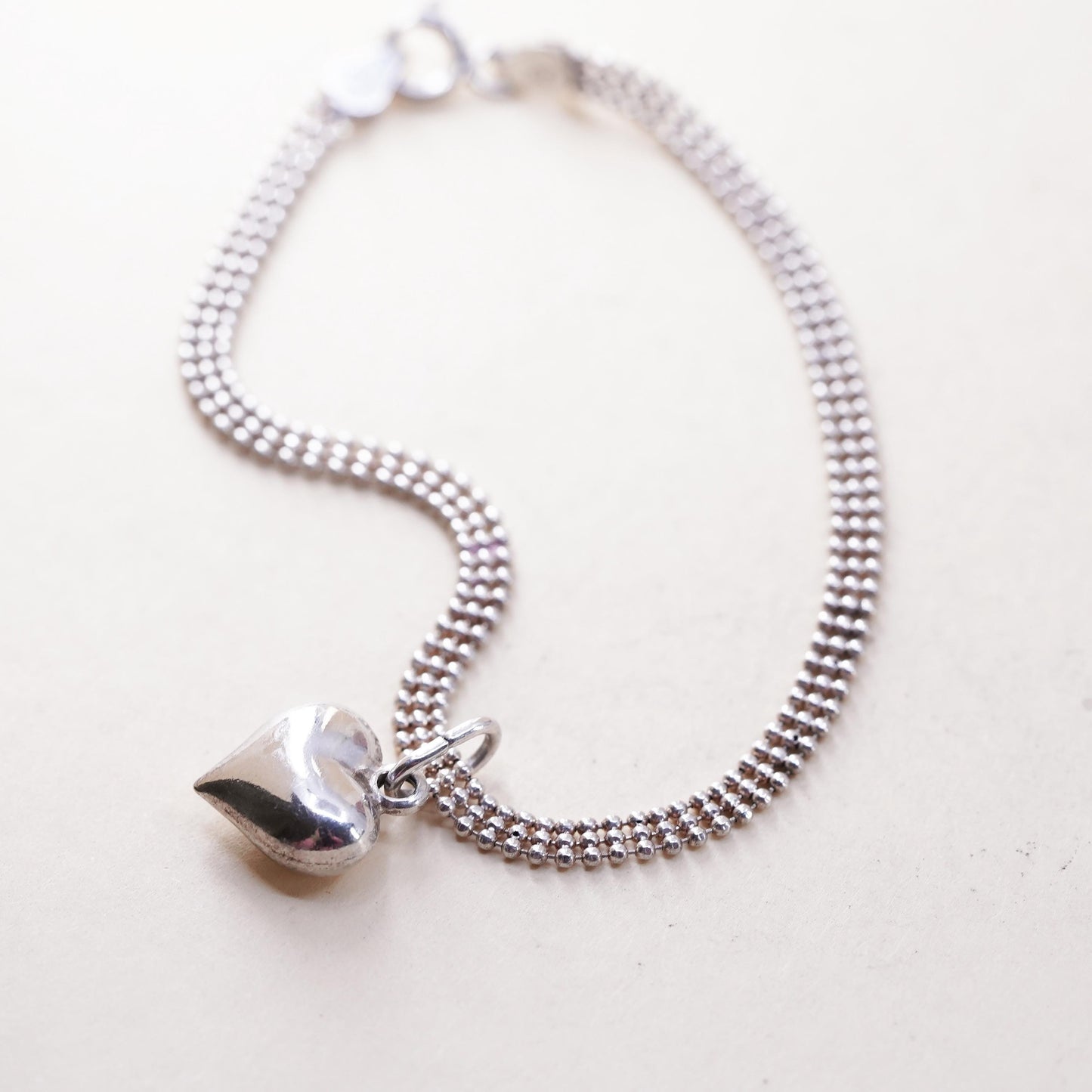 7” 4mm, Vintage Italian sterling silver bracelet, 925 bead chain heart charm
