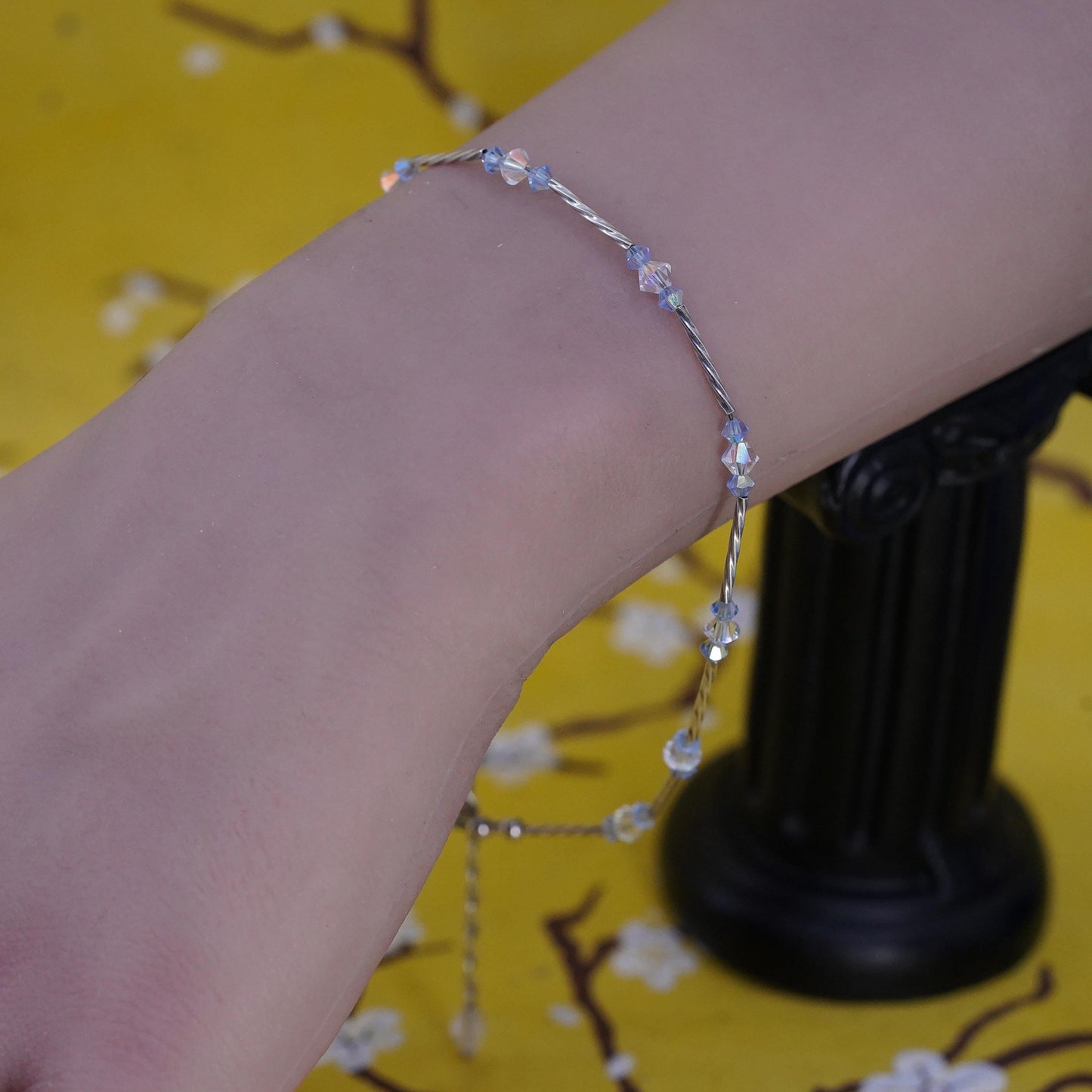 9+1.5", Sterling silver twisted tube anklet, 925 bracelet blue crystal beads