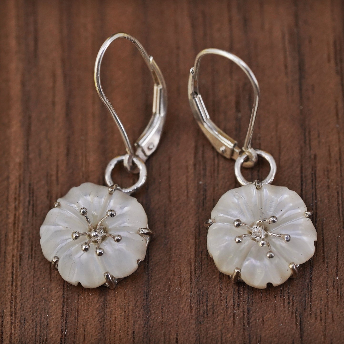 Vintage Sterling silver earrings, 925 plumeria flower dangles mother of pearl