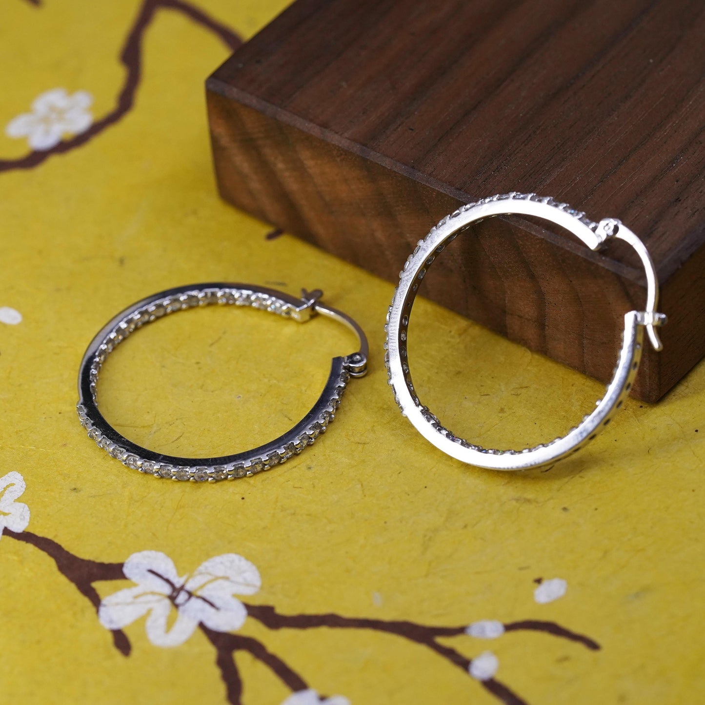 1.25", vintage Sterling silver handmade earrings, 925 hoops with cluster cz