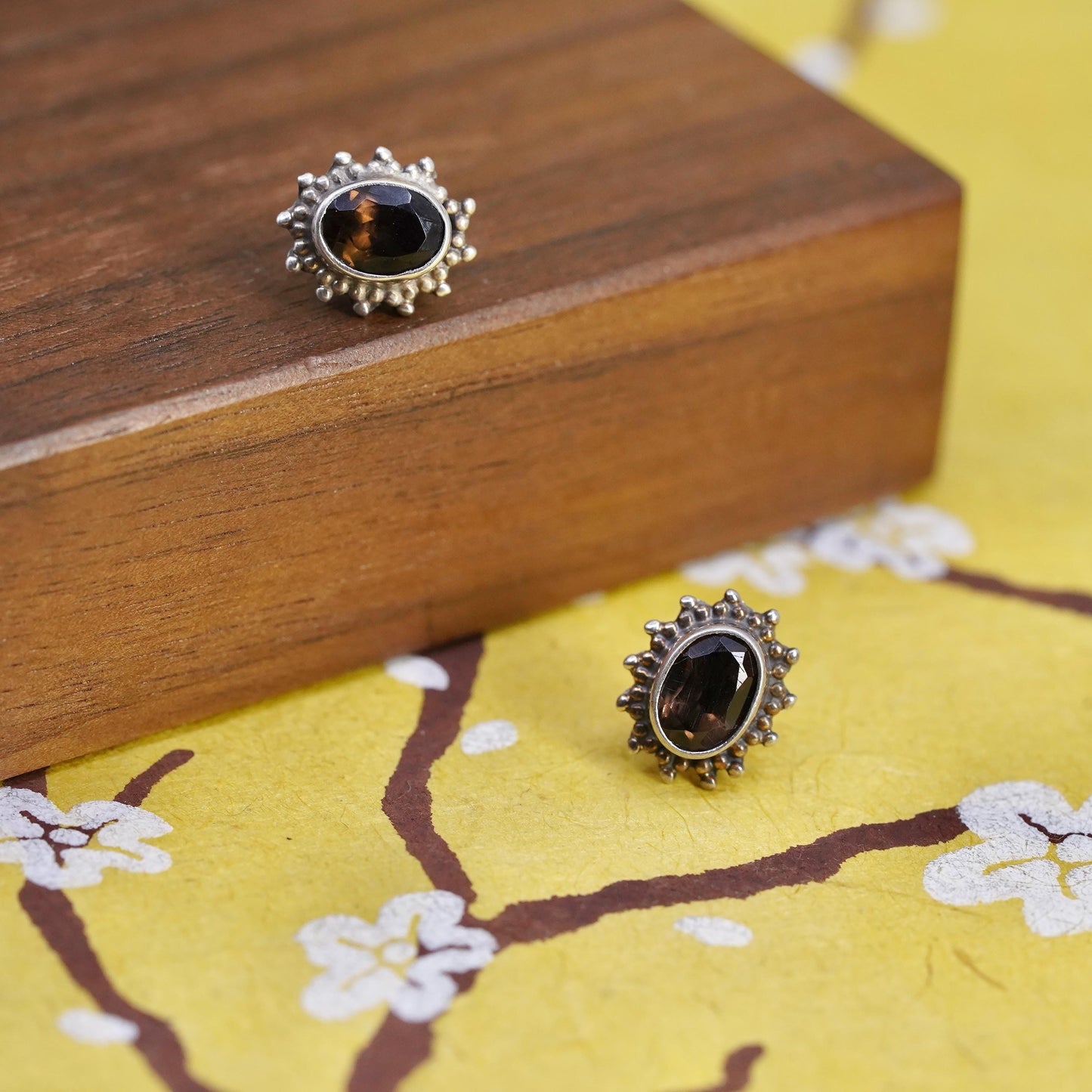Vintage Sterling 925 silver handmade oval studs earrings smoky quartz and beads