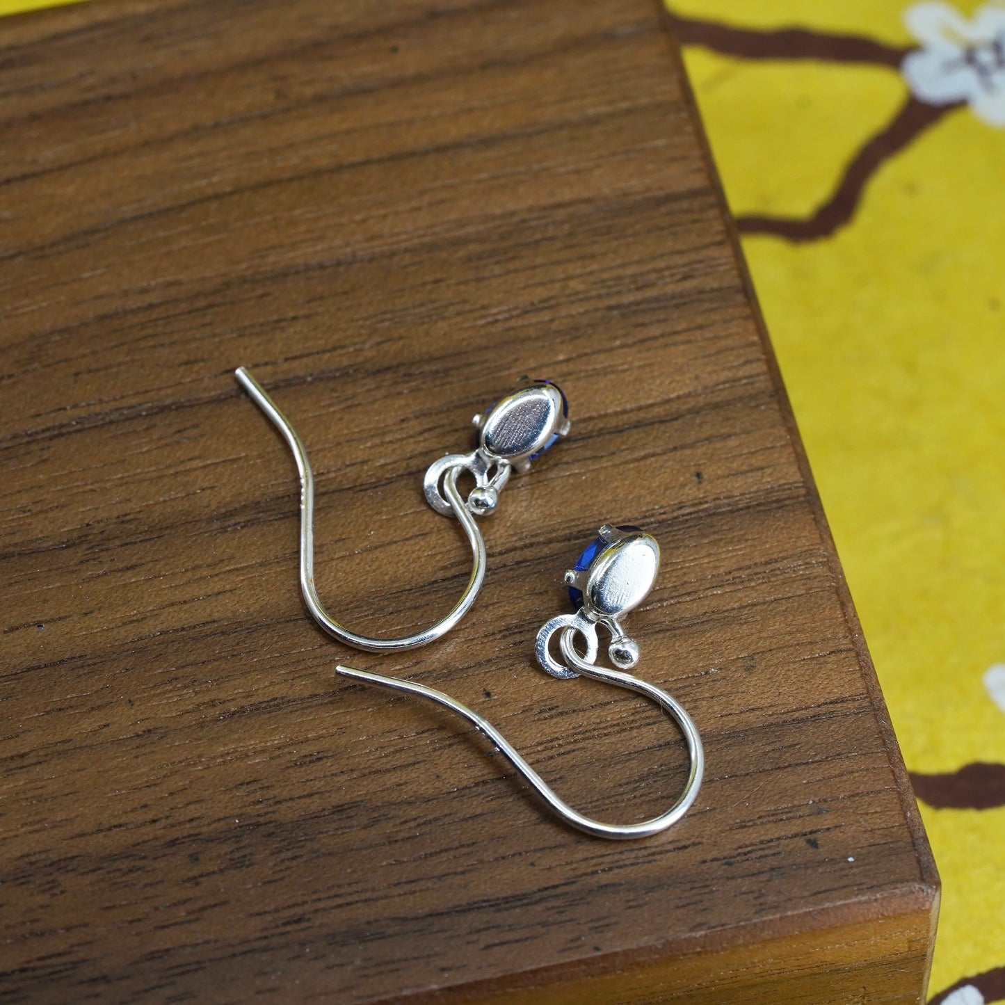 Vintage Sterling silver handmade earrings, 925 hooks with blue crystal