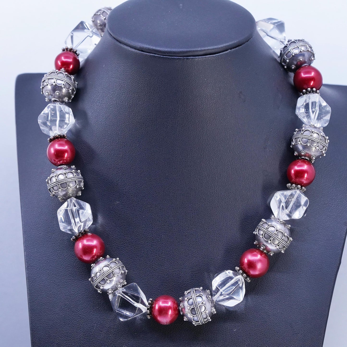 16", Sterling 925 silver chunky necklace with 17mm beads clear crystal nugget