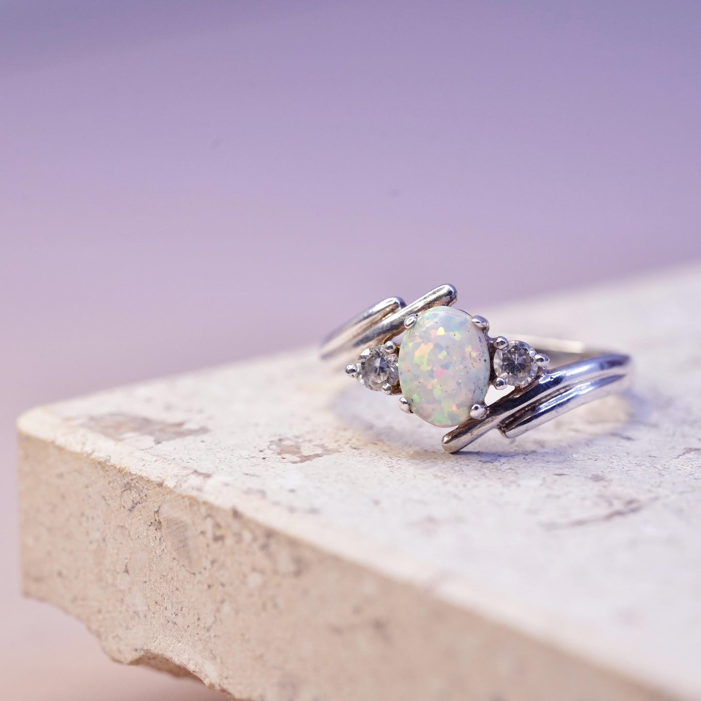 Size 9.5, vintage Sterling Silver opal Ring with cz details