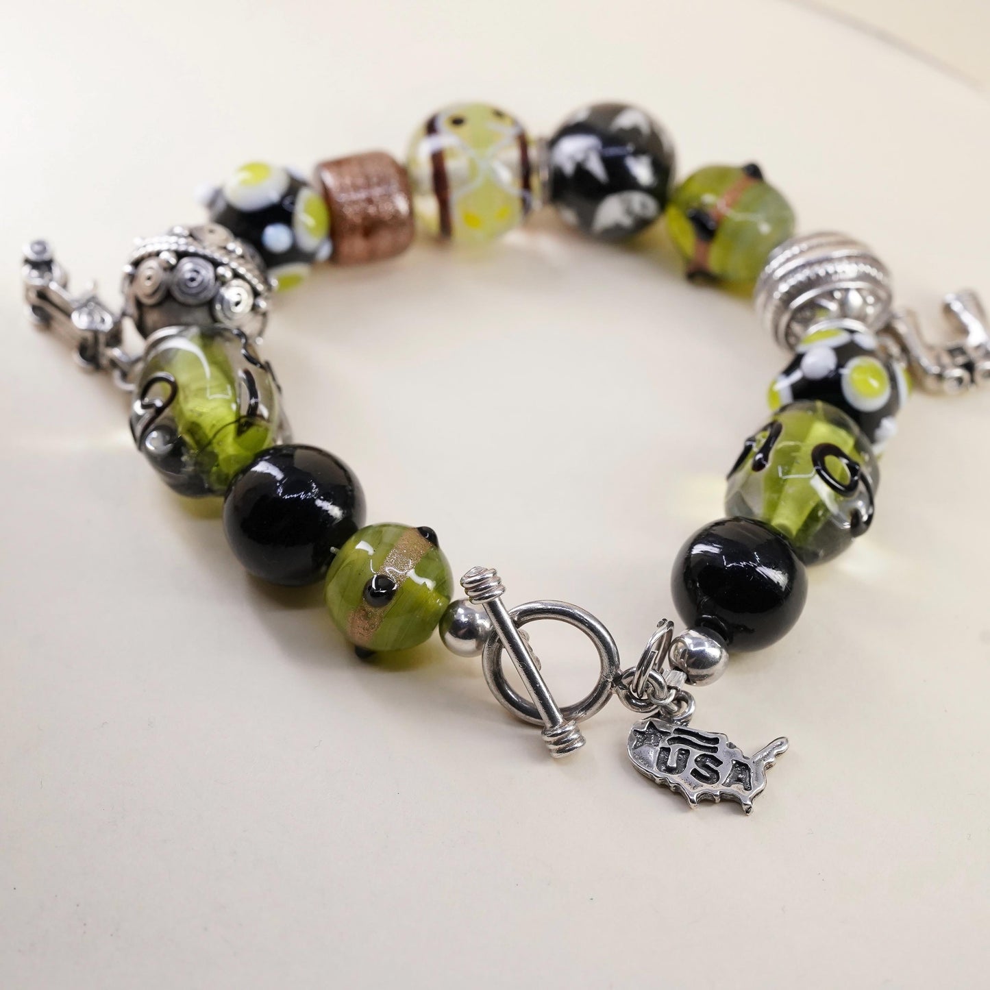 7”, Sterling 925 silver Lampwork Glass Bead Bracelet, Binoculars jeep car USA