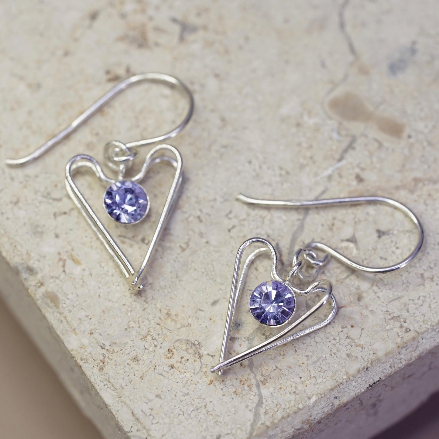 Vintage Sterling silver handmade earrings, 925 heart drops with dancing cz