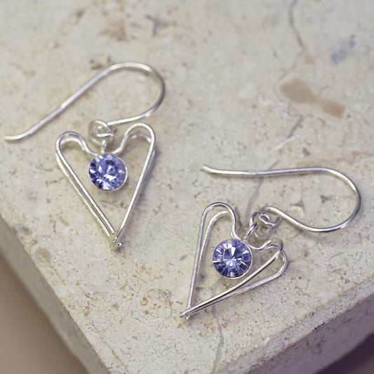 Vintage Sterling silver handmade earrings, 925 heart drops with dancing cz