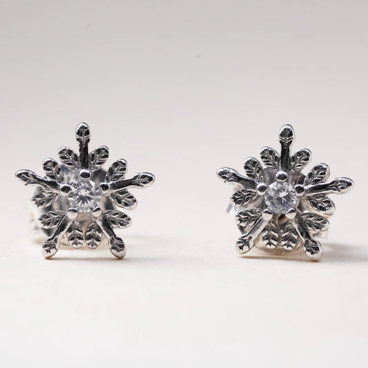 Vintage sterling silver clear crystal earrings, snowflake CZ studs