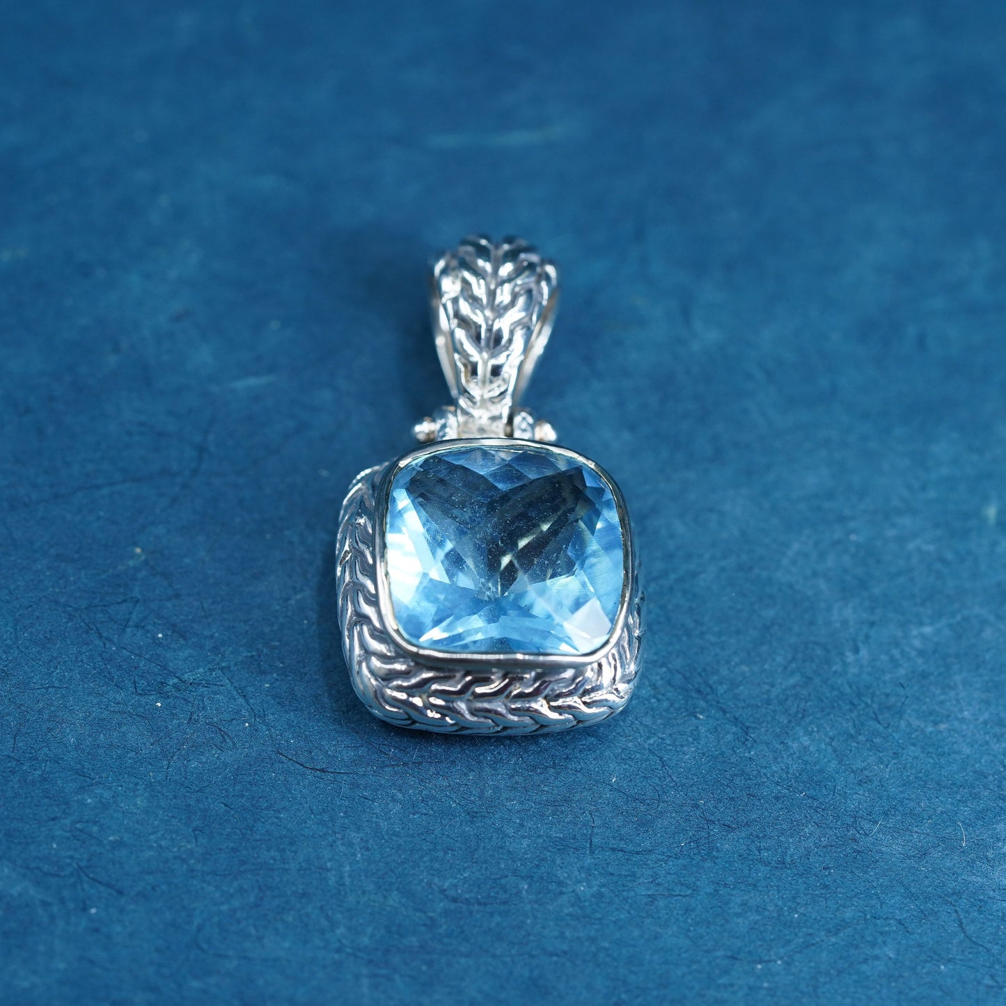 Vintage sterling 925 silver square pendant with checker cut blue topaz
