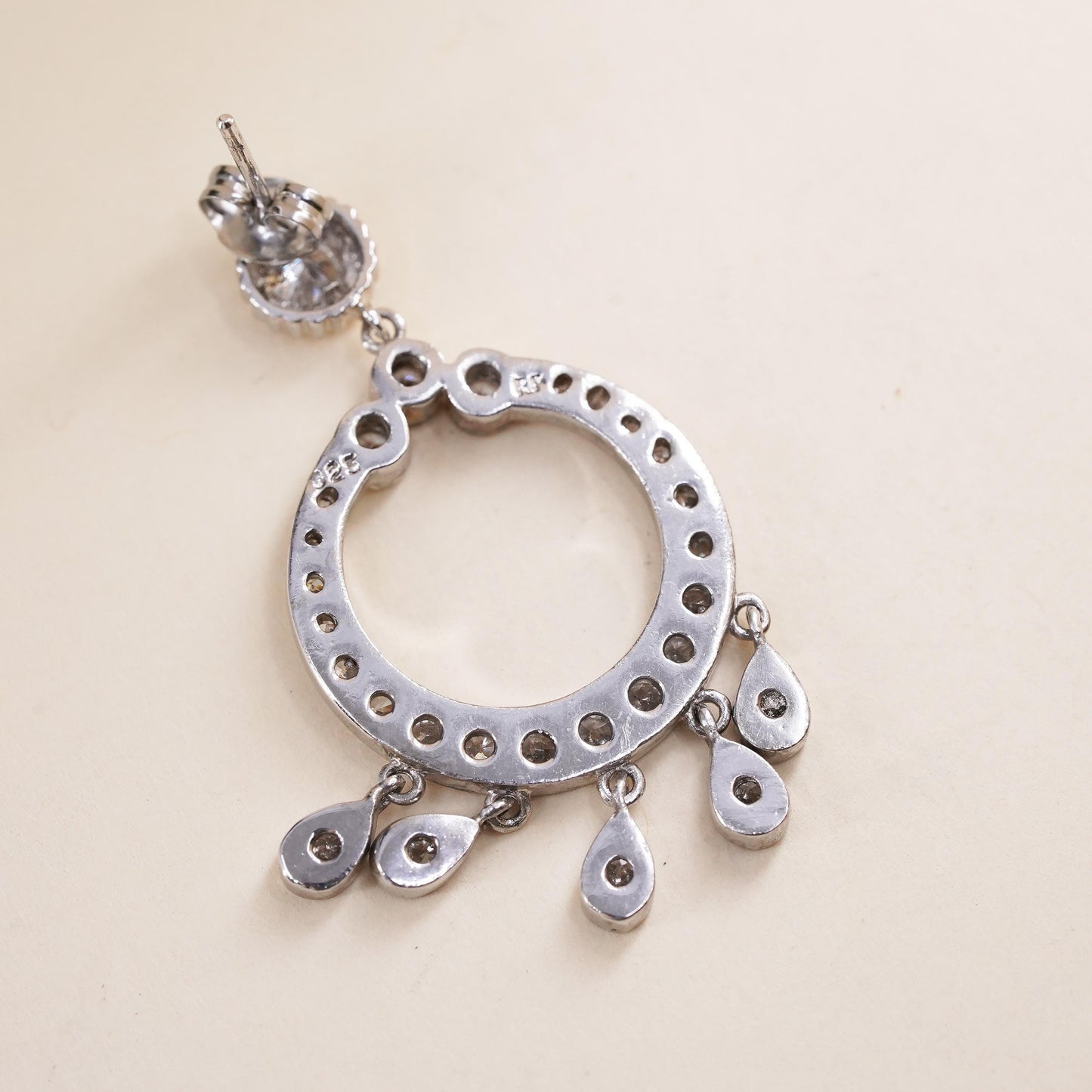 Vintage sterling silver single earring, 925 silver circle dangle with clear Cz