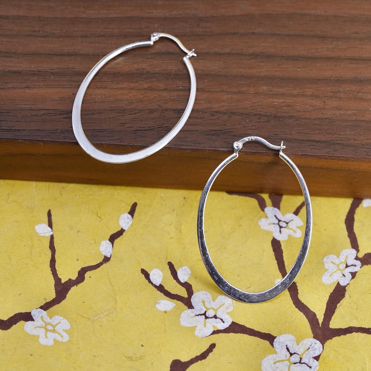 1.75", vintage Sterling silver handmade earrings, 925 flatten oval hoops