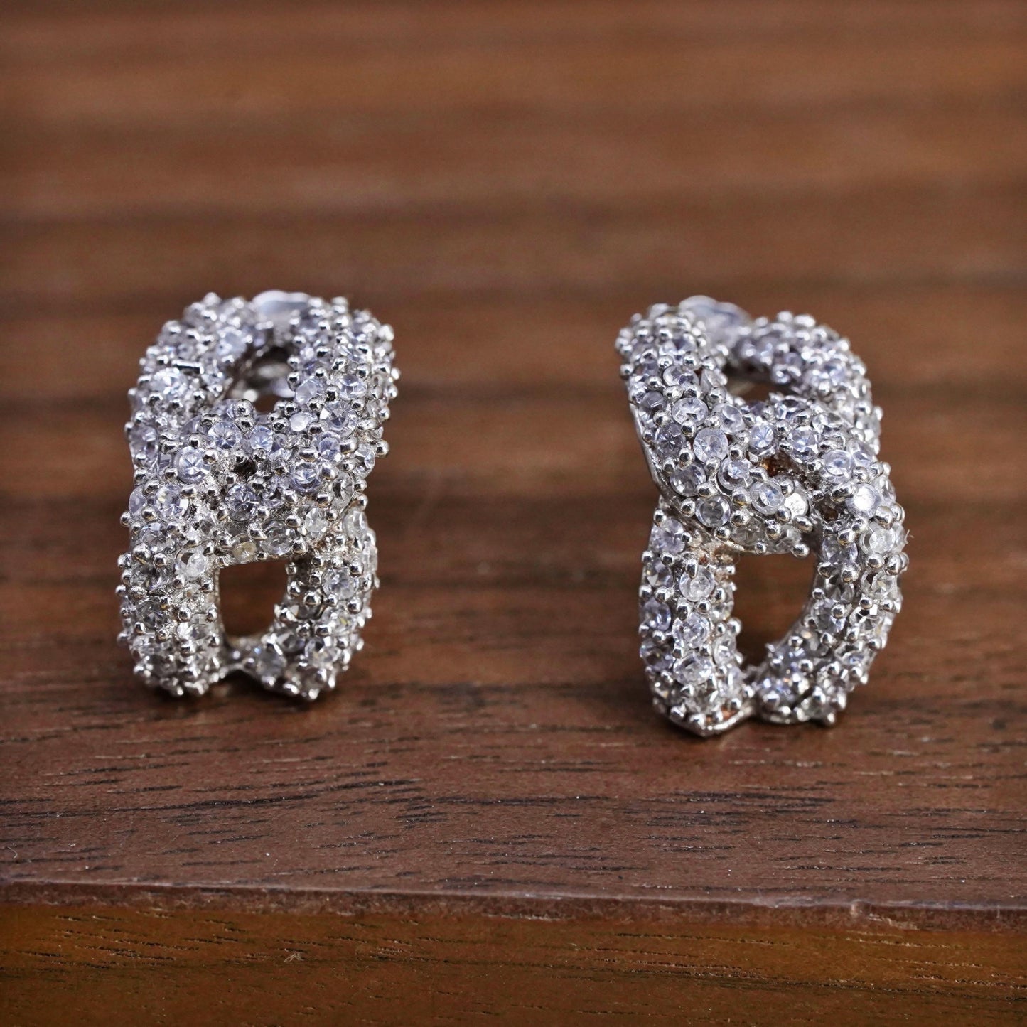 Vintage Sterling 925 silver cluster Cz studs, curb chain style earrings