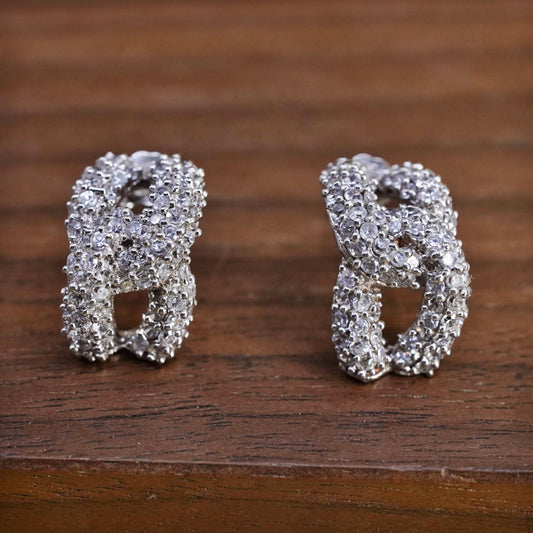 Vintage Sterling 925 silver cluster Cz studs, curb chain style earrings