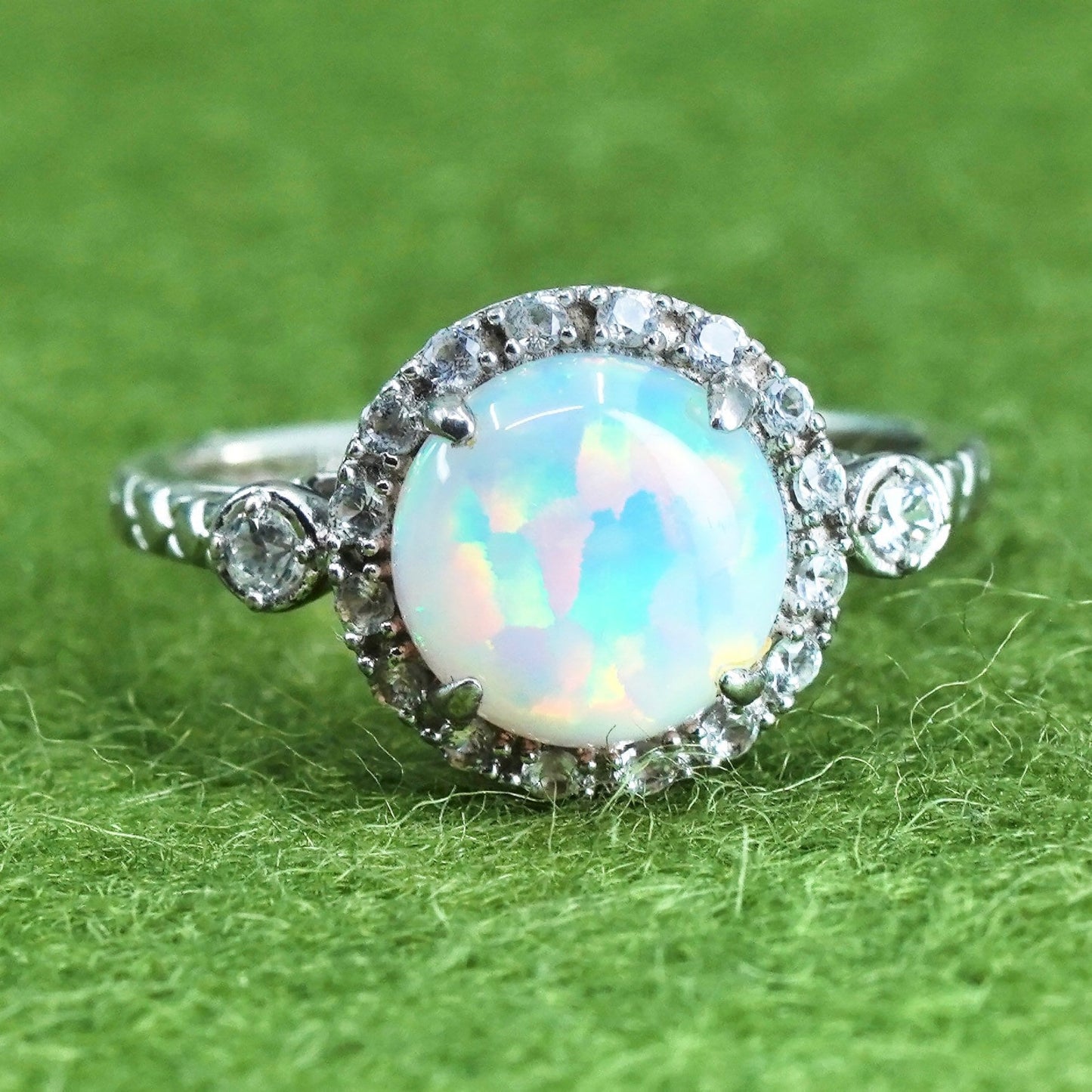 Size 4.25, vintage Sterling 925 silver handmade ring with round opal and cz