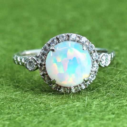 Size 4.25, vintage Sterling 925 silver handmade ring with round opal and cz