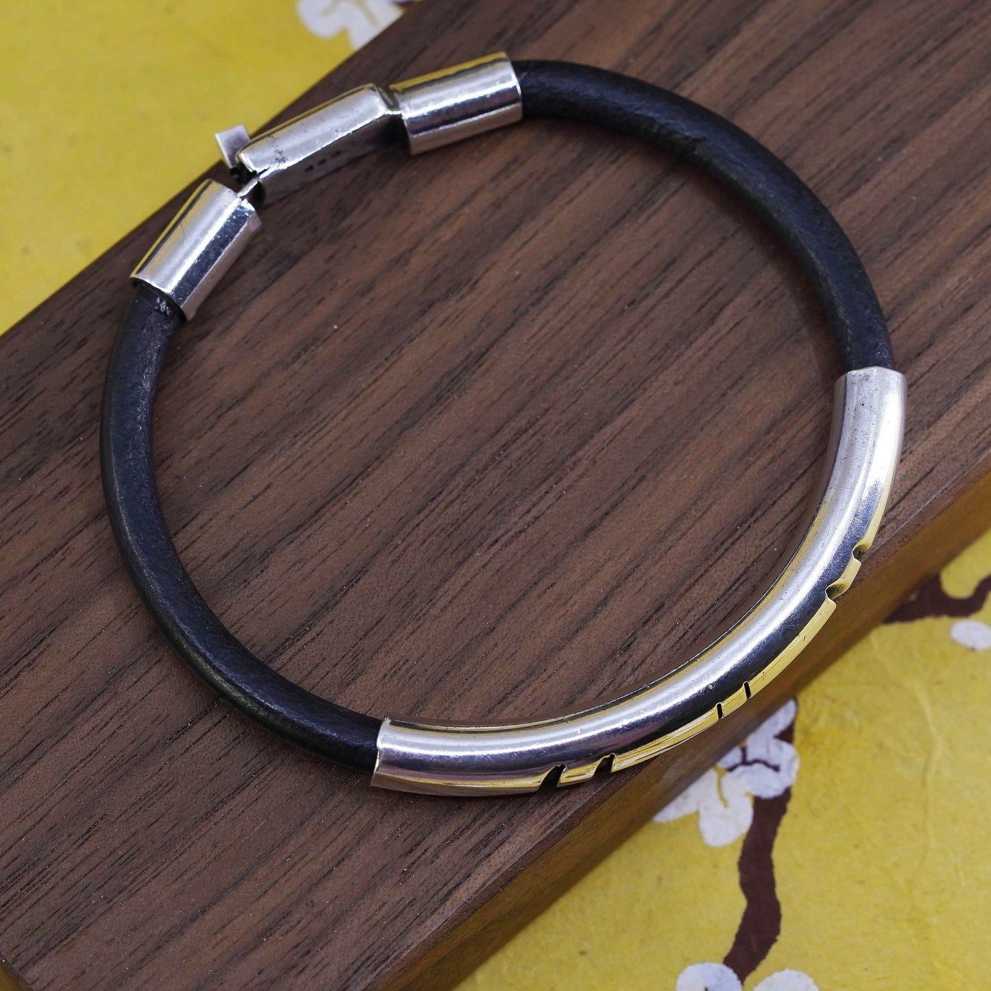 7.5", vintage Mexican black leather bangle with sterling 925 silver slide tube