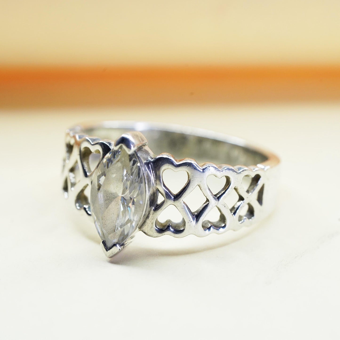 Size 10, VTG 925 Sterling silver filigree ring Marquise cut cz, engagement ring
