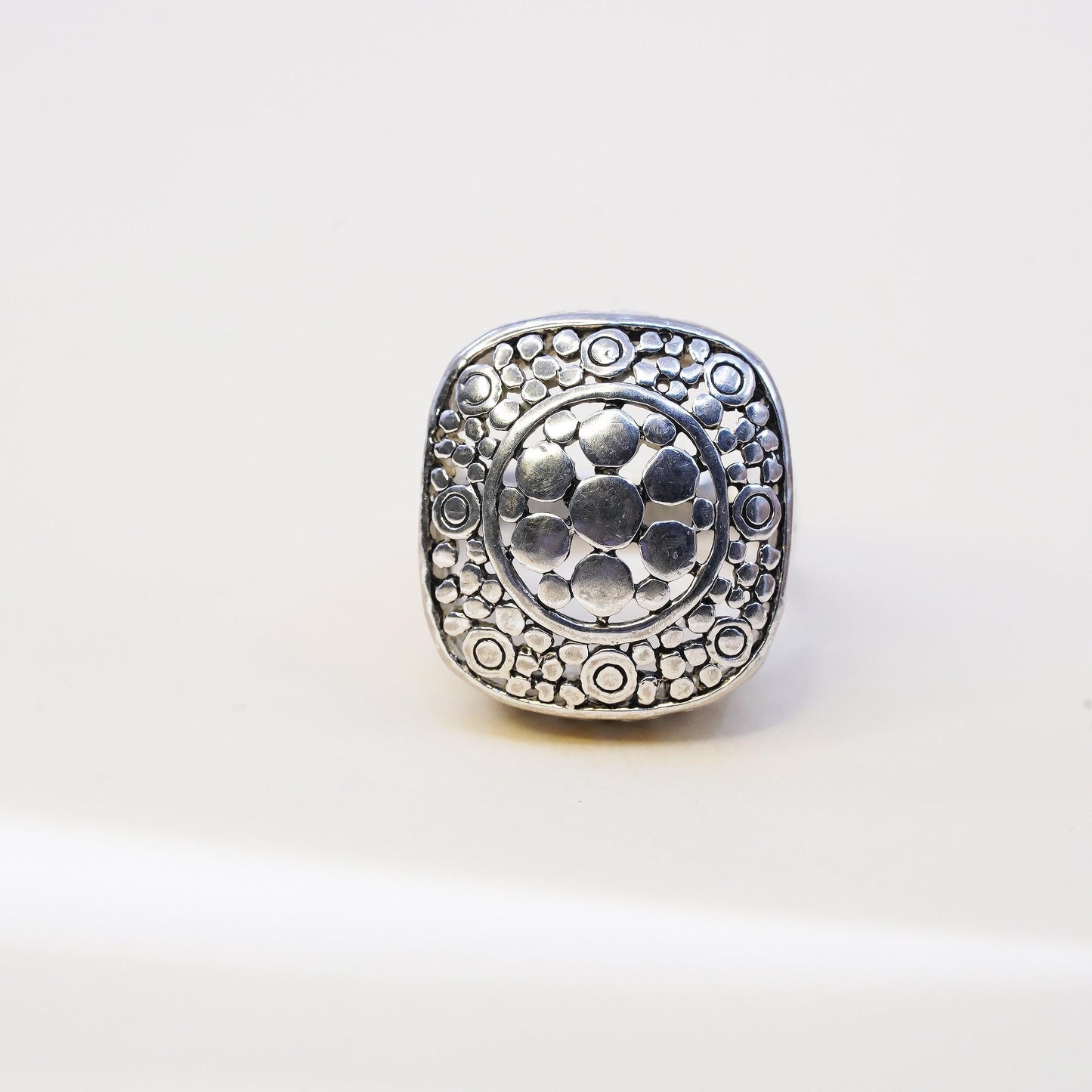 Size 7, vintage sterling silver handmade statement ring, 925 dotted boxy band