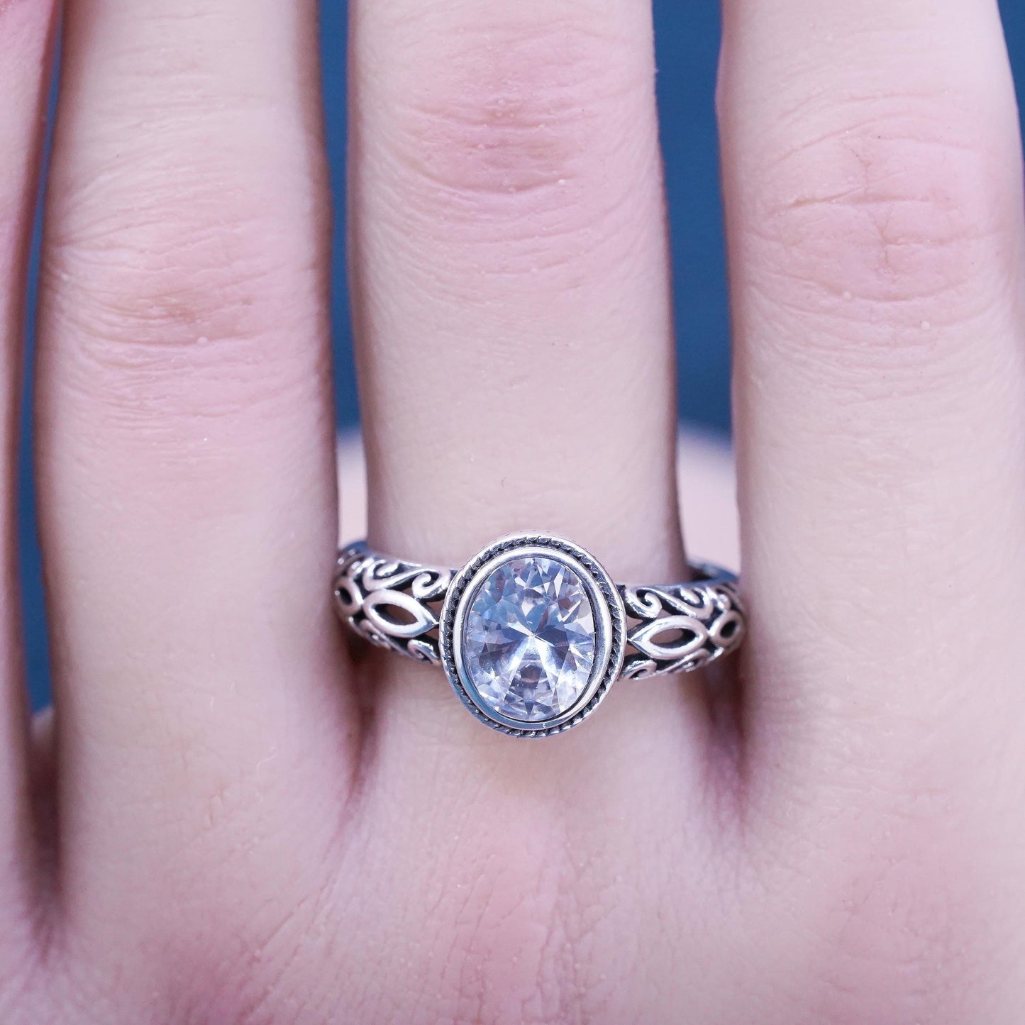 Size 10.25, vintage Sterling silver handmade ring,925 filigree ring w/ crystal