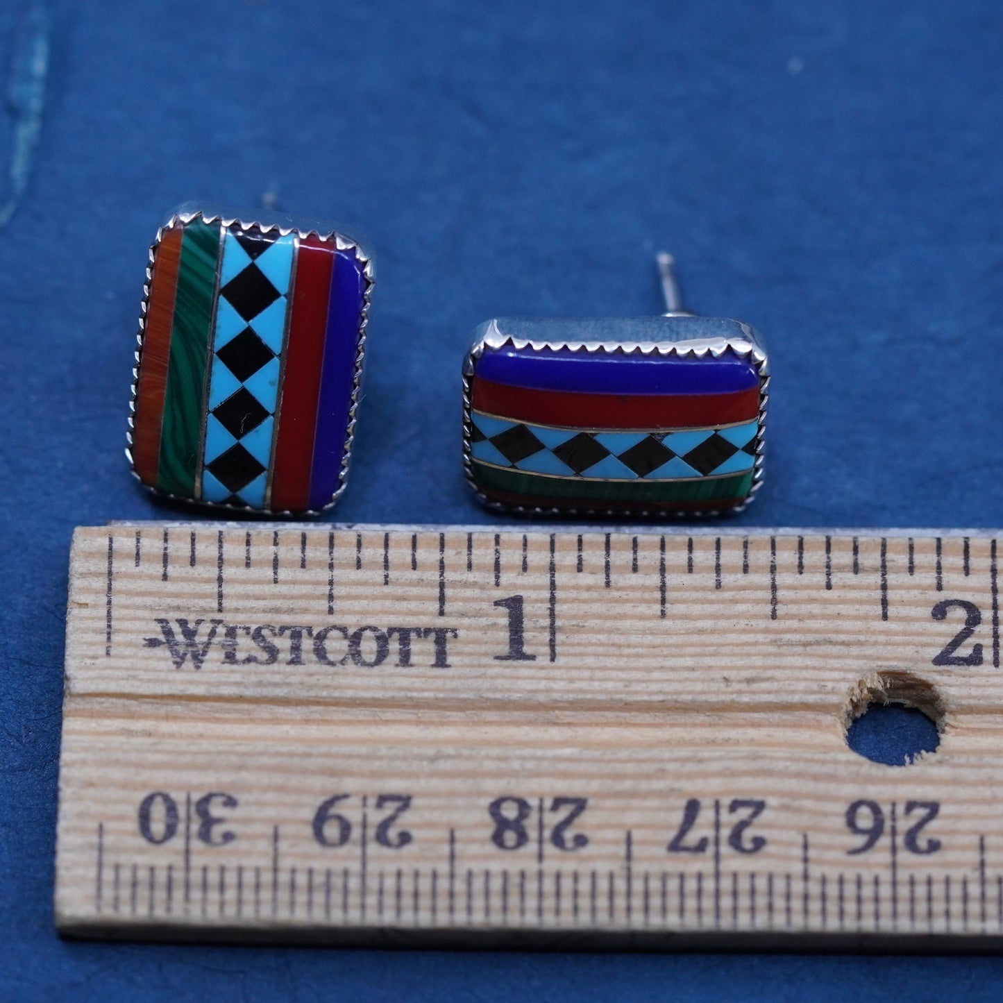 Native American sterling silver earrings, rectangular 925 studs, Zuni, Navajo